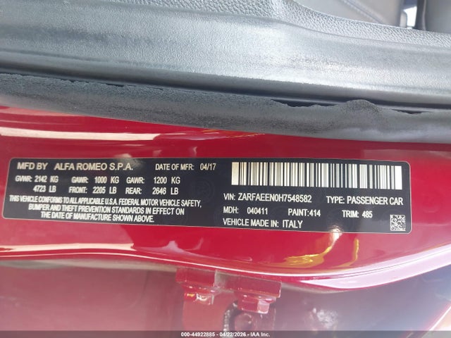 Aukcja sprzedaży 2017 Alfa Romeo Giulia Ti Awd, vin: ZARFAEEN0H7548582, numer aukcji: 44922885