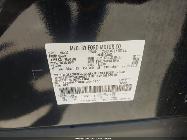 Ford EXPLORER XLT 2017 1FM5K8D83HGD43950 Image 9