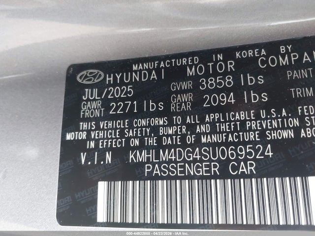 Aukcja sprzedaży 2025 Hyundai Elantra Sel Sport, vin: KMHLM4DG4SU069524, numer aukcji: 44922888