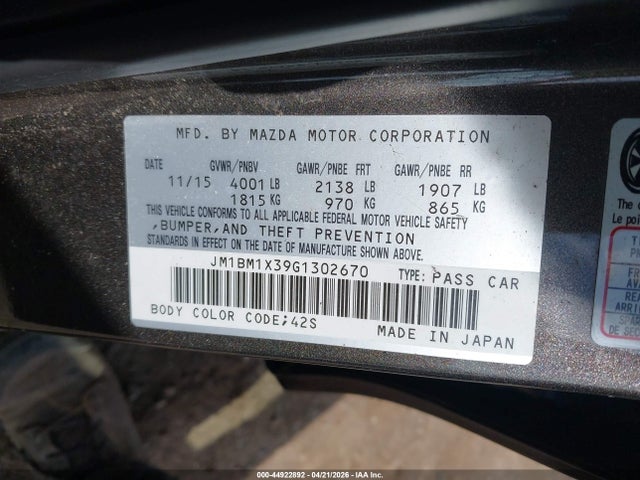 Продаж на аукціоні авто 2016 Mazda Mazda3 S Grand Touring, vin: JM1BM1X39G1302670, номер лоту: 44922892