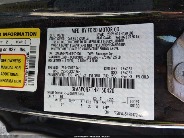 Продажа на аукционе авто 2017 Ford Fusion Se, vin: 3FA6P0H71HR150420, номер лота: 44922895