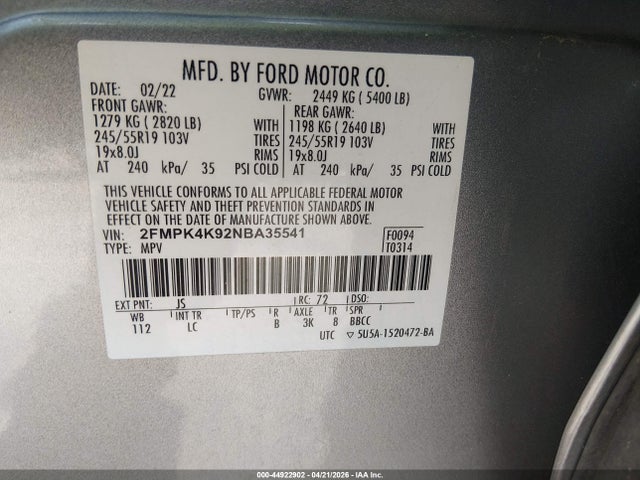 Продажа на аукционе авто 2022 Ford Edge Titanium, vin: 2FMPK4K92NBA35541, номер лота: 44922902