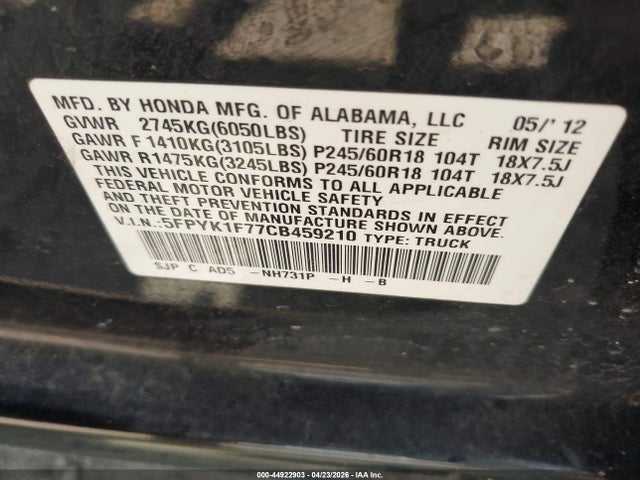 Продаж на аукціоні авто 2012 Honda Ridgeline Sport, vin: 5FPYK1F77CB459210, номер лоту: 44922903