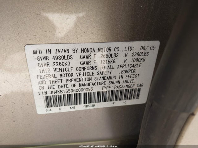 Aukcja sprzedaży 2006 Acura Rl 3.5, vin: JH4KB16506C000095, numer aukcji: 44922923