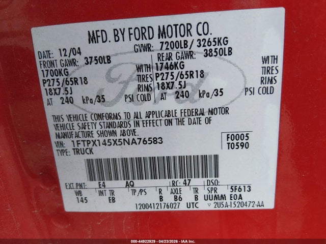 2005 Ford F-150 Fx4/lariat/xl/xlt მანქანა იყიდება აუქციონზე, vin: 1FTPX145X5NA76583, აუქციონის ნომერი: 44922929