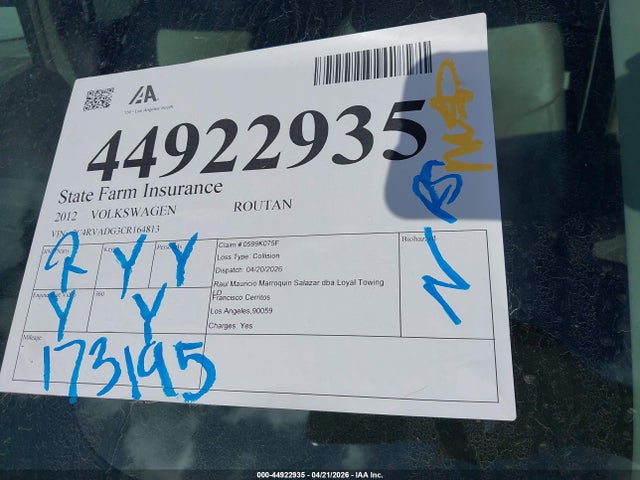 Aukcja sprzedaży 2012 Volkswagen Routan Sel Premium, vin: 2C4RVADG3CR164813, numer aukcji: 44922935