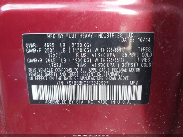Aukcja sprzedaży 2015 Subaru Outback 2.5i Premium, vin: 4S4BSBHC3F3242927, numer aukcji: 44922939