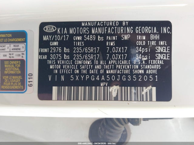 5XYPG4A50JG352051 KIA Sorento 3.3l Lx