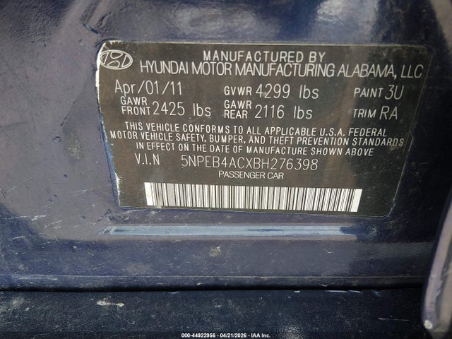 44922956 :رقم المزاد ، 5NPEB4ACXBH276398 vin ، 2011 Hyundai Sonata Gls مزاد بيع