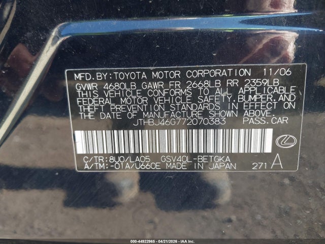 Aukcja sprzedaży 2007 Lexus Es 350, vin: JTHBJ46G772070383, numer aukcji: 44922965
