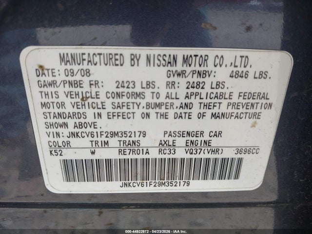 2009 Infiniti G37x მანქანა იყიდება აუქციონზე, vin: JNKCV61F29M352179, აუქციონის ნომერი: 44922972