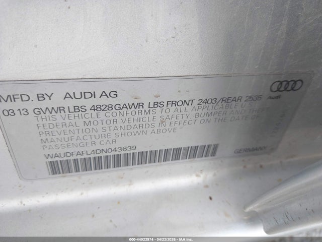 Продажа на аукционе авто 2013 Audi A4 2.0t Premium, vin: WAUDFAFL4DN043639, номер лота: 44922974