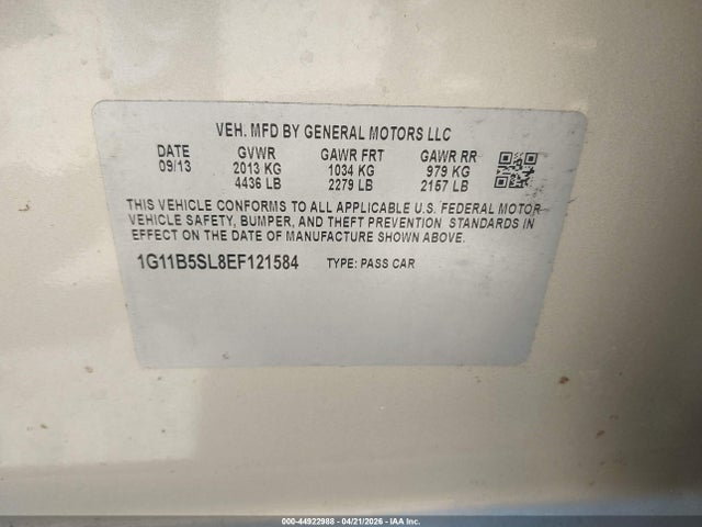 Продаж на аукціоні авто 2014 Chevrolet Malibu 1ls, vin: 1G11B5SL8EF121584, номер лоту: 44922988