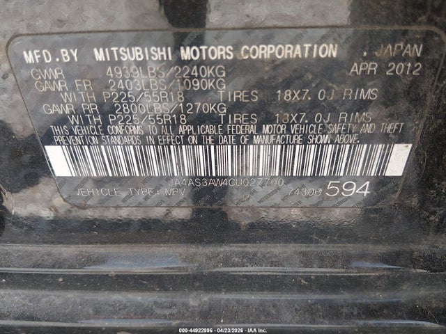 Aukcja sprzedaży 2012 Mitsubishi Outlander Se, vin: JA4AS3AW4CU027700, numer aukcji: 44922996