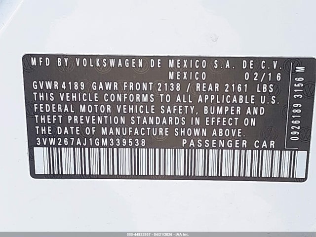 2016 Volkswagen Jetta 1.4t S მანქანა იყიდება აუქციონზე, vin: 3VW267AJ1GM339538, აუქციონის ნომერი: 44922997