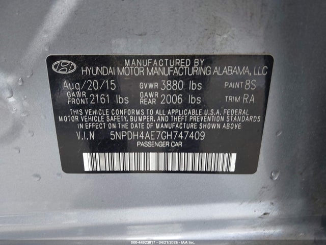 2016 Hyundai Elantra Se მანქანა იყიდება აუქციონზე, vin: 5NPDH4AE7GH747409, აუქციონის ნომერი: 44923017