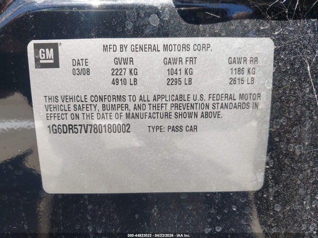 2008 Cadillac Cts Standard მანქანა იყიდება აუქციონზე, vin: 1G6DR57V780180002, აუქციონის ნომერი: 44923022