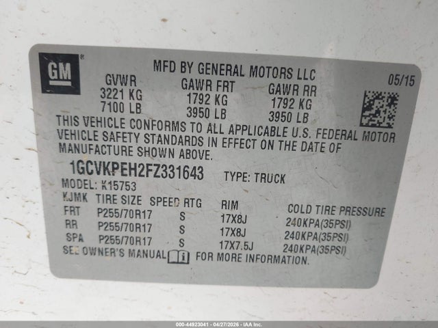 44923041 :رقم المزاد ، 1GCVKPEH2FZ331643 vin ، 2015 Chevrolet Silverado 1500 Wt مزاد بيع