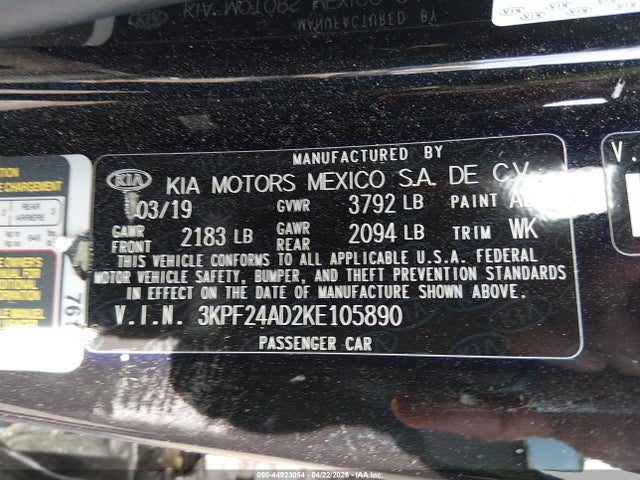 Aukcja sprzedaży 2019 Kia Forte Lxs, vin: 3KPF24AD2KE105890, numer aukcji: 44923054