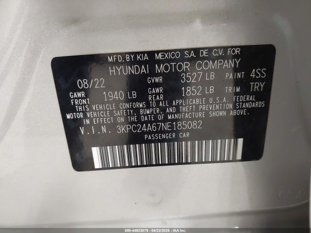 Aukcja sprzedaży 2022 Hyundai Accent Se, vin: 3KPC24A67NE185082, numer aukcji: 44923079
