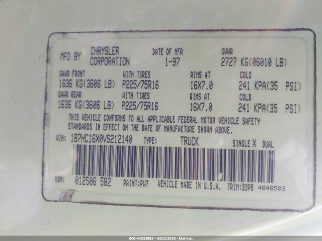 44923082 :رقم المزاد ، 1B7HC16X0VS212140 vin ، 1997 Dodge Ram 1500 Lt/work Special مزاد بيع