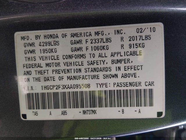 Aukcja sprzedaży 2010 Honda Accord 2.4 Lx, vin: 1HGCP2F3XAA095508, numer aukcji: 44923095