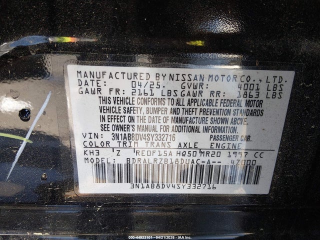 Aukcja sprzedaży 2025 Nissan Sentra Sr, vin: 3N1AB8DV4SY332716, numer aukcji: 44923101