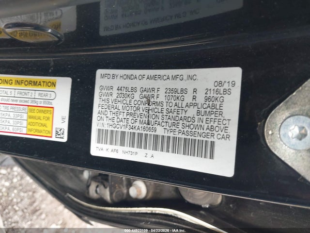 Продаж на аукціоні авто 2019 Honda Accord Sport, vin: 1HGCV1F34KA160659, номер лоту: 44923109