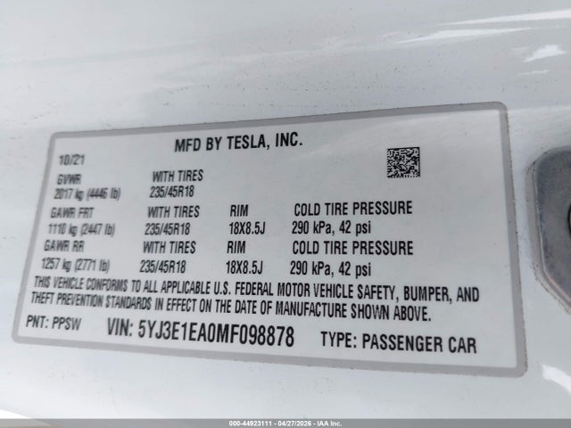 5YJ3E1EA0MF098878 Tesla Model 3 Standard Range Plus Rear-wheel Drive