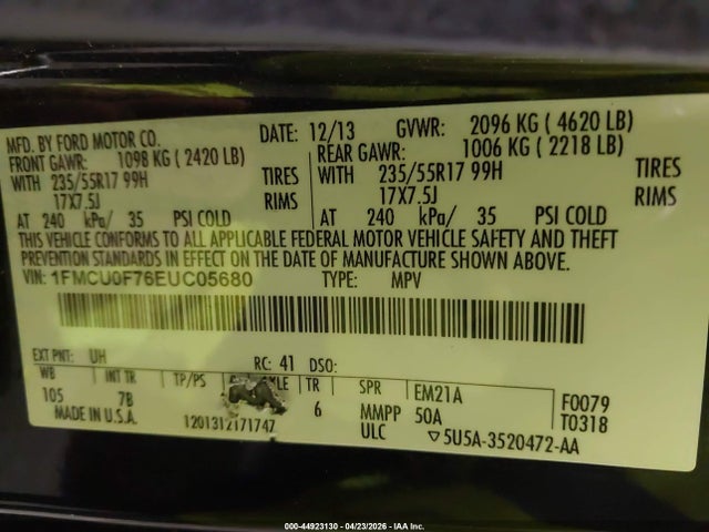 44923130 :رقم المزاد ، 1FMCU0F76EUC05680 vin ، 2014 Ford Escape S مزاد بيع