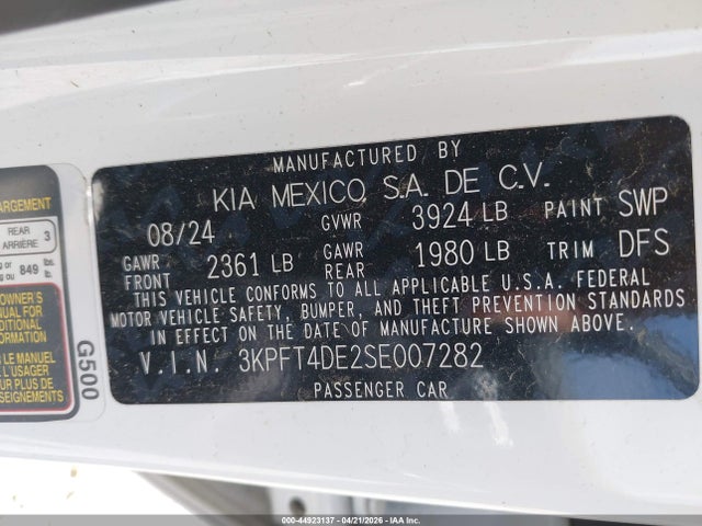 Продажа на аукционе авто 2025 Kia K4 Lxs, vin: 3KPFT4DE2SE007282, номер лота: 44923137