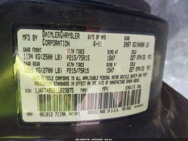 2001 Jeep Cherokee Sport მანქანა იყიდება აუქციონზე, vin: 1J4FT48S81L623875, აუქციონის ნომერი: 44923136