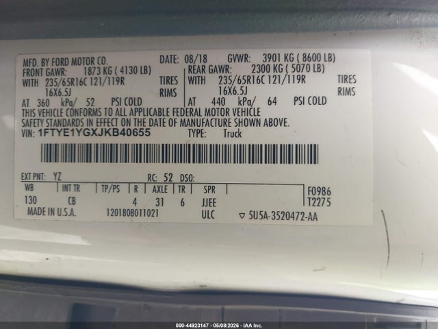 Продаж на аукціоні авто 2018 Ford Transit-150, vin: 1FTYE1YGXJKB40655, номер лоту: 44923147