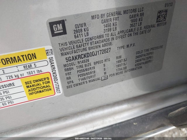 44923148 :رقم المزاد ، 5GAKRCKD0DJ172627 vin ، 2013 Buick Enclave Leather مزاد بيع