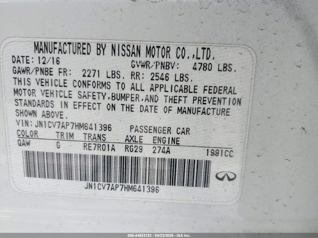 44923153 :رقم المزاد ، JN1CV7AP7HM641396 vin ، 2017 Infiniti Q50 2.0t Base مزاد بيع
