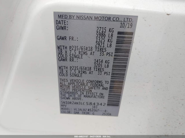 5N1DR2AN3LC584342 Nissan Pathfinder S 2wd