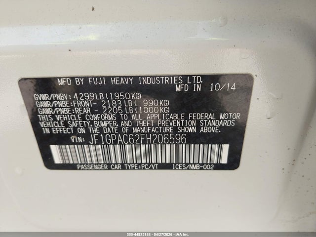 2015 Subaru Impreza 2.0i Premium მანქანა იყიდება აუქციონზე, vin: JF1GPAC62FH206596, აუქციონის ნომერი: 44923158