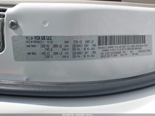 2017 Chrysler Pacifica Touring-l მანქანა იყიდება აუქციონზე, vin: 2C4RC1BG7HR506697, აუქციონის ნომერი: 44923166