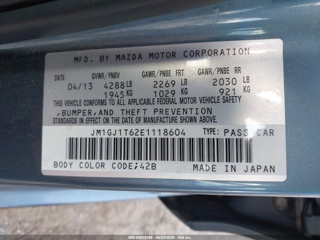 2014 Mazda Mazda6 I Touring მანქანა იყიდება აუქციონზე, vin: JM1GJ1T62E1118604, აუქციონის ნომერი: 44923169