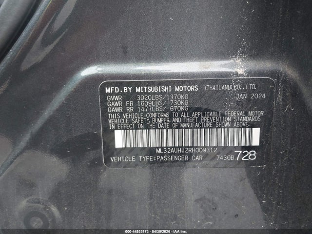 Продаж на аукціоні авто 2024 Mitsubishi Mirage Es/le, vin: ML32AUHJ2RH009312, номер лоту: 44923173