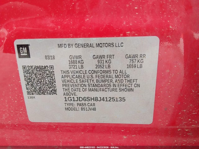 Aukcja sprzedaży 2018 Chevrolet Sonic Lt Auto, vin: 1G1JD6SH8J4125135, numer aukcji: 44923183