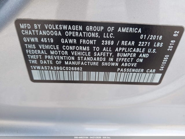 Aukcja sprzedaży 2016 Volkswagen Passat 1.8t S, vin: 1VWAS7A39GC026862, numer aukcji: 44923184