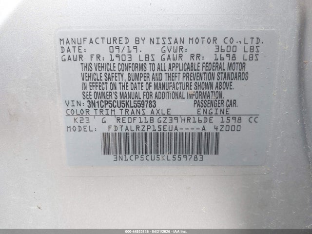 Продажа на аукционе авто 2019 Nissan Kicks S, vin: 3N1CP5CU5KL559783, номер лота: 44923186