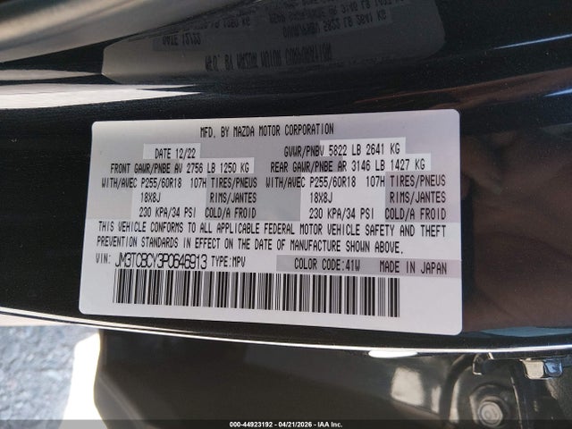 2023 Mazda Cx-9 Touring მანქანა იყიდება აუქციონზე, vin: JM3TCBCY3P0646913, აუქციონის ნომერი: 44923192