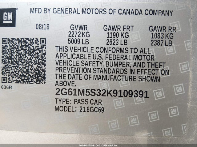 44923194 :رقم المزاد ، 2G61M5S32K9109391 vin ، 2019 Cadillac Xts Luxury مزاد بيع