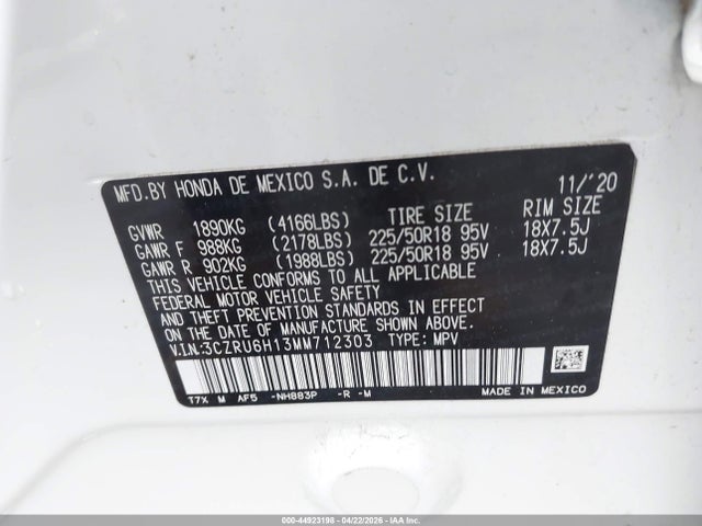 Aukcja sprzedaży 2021 Honda Hr-v Awd Sport, vin: 3CZRU6H13MM712303, numer aukcji: 44923198