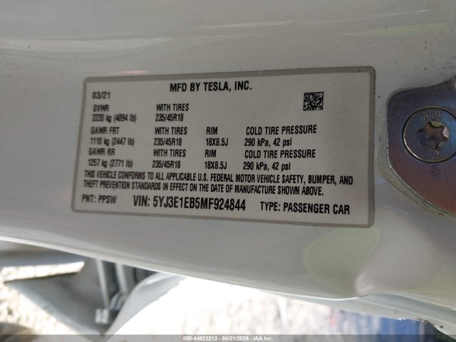 44923213 :رقم المزاد ، 5YJ3E1EB5MF924844 vin ، 2021 Tesla Model 3 Long Range Dual Motor All-wheel Drive مزاد بيع