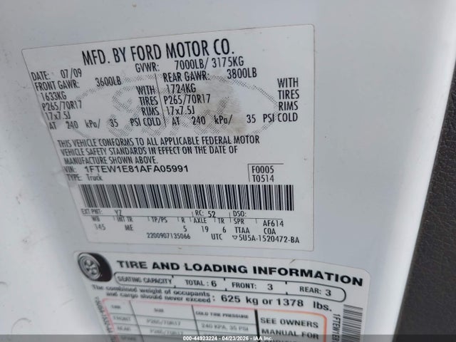 44923224 :رقم المزاد ، 1FTEW1E81AFA05991 vin ، 2010 Ford F-150 Xl/xlt مزاد بيع