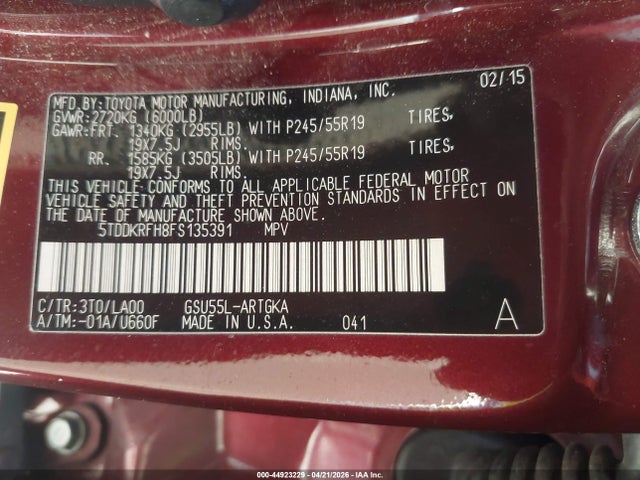 Toyota Highlander Limited V6 2015 5TDDKRFH8FS135391 Image 9