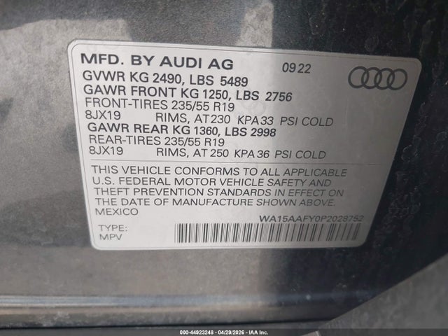 Aukcja sprzedaży 2023 Audi Q5 Sportback Premium Plus 45 Tfsi S Line Quattro S Tronic, vin: WA15AAFY0P2028752, numer aukcji: 44923248